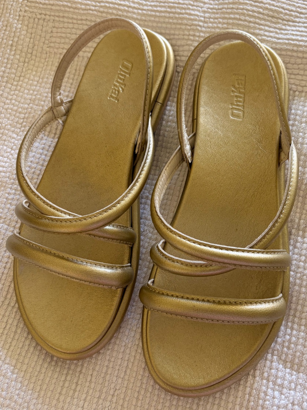 OluKai Metallic Gold Triple-Strap Slide Sandals